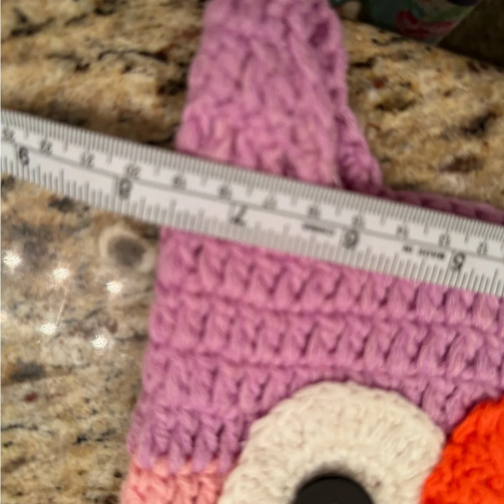 Knit hat girls Owl face with tassel ears, and two long braids in pinks & purples